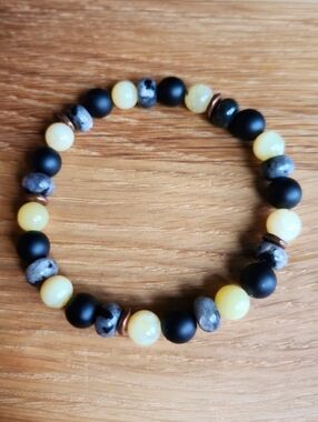 Yellow Opal, Black Onyx &  Larvikite Beadrd Stretch Bracelet | Handmade